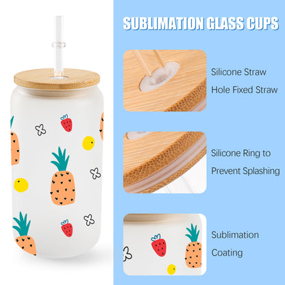 Joyclub 12 Pack Sublimation Blanks Bulk Frosted Glass Cups with Lids and Straws 16oz, Sublimation Glass Tumbler Beer Can Shaped Mugs for Iced Coffee Smoothie Soda Boba Tea DIY Gift Small Business