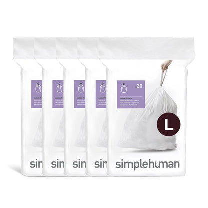 simplehuman Code L 100 Count, Dispenser Pack Custom Fit Liners, Drawstring Trash Bags, 18 Liter / 4.7 Gallon, White