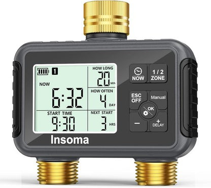 Insoma Water Timer - Brass Inlet & Outlet | 2-Zone Outdoor Hose Timer for Garden Irrigation