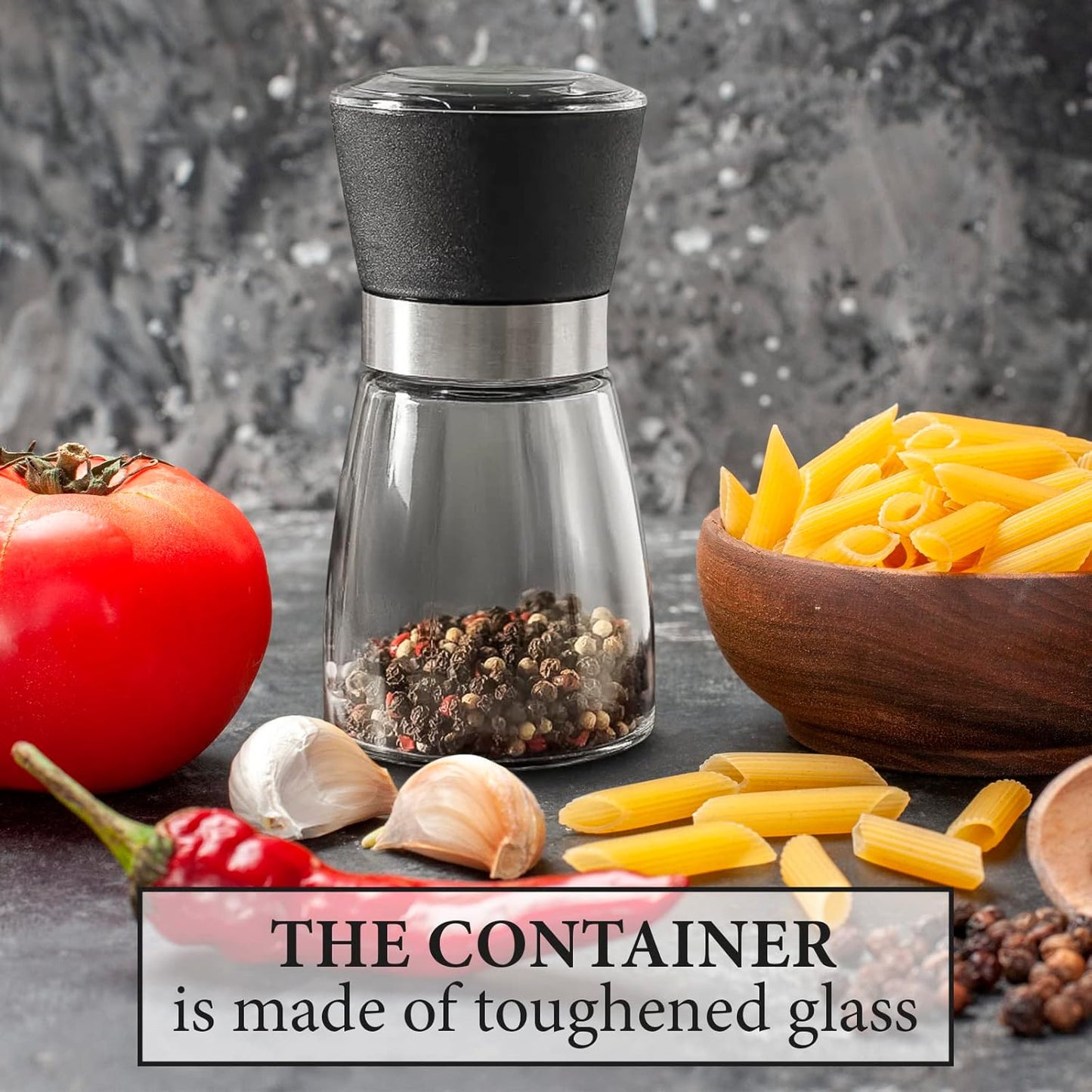 Manual Refillable Pepper Grinder - 6 Oz Glass Grinders for Pepper, Salt & Spices, Adjustable Rotor with 5 Settings