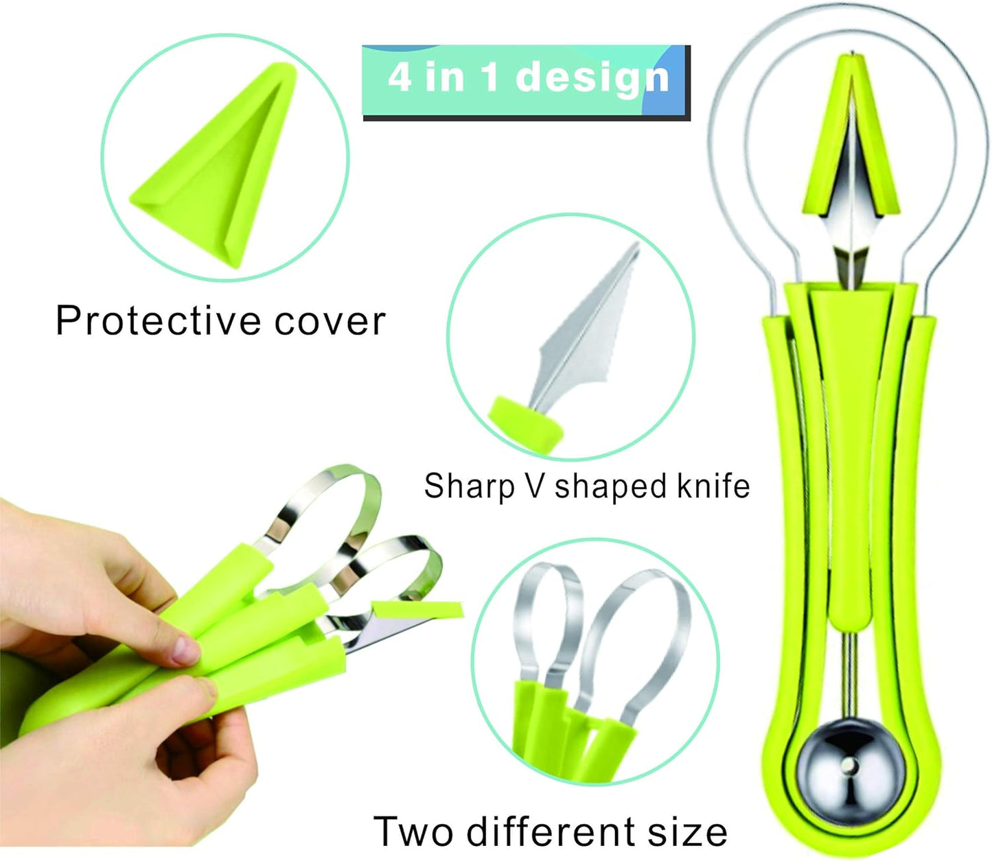 DIANCHU 2 Pieces Melon Baller Scoop Set - 4 In 1 Stainless Steel Fruit Tool Set for Melon Baller, Carving Knife, Seed
