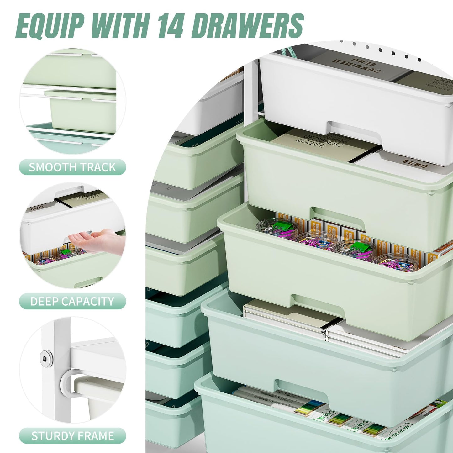Rolling Storage Cart with 14 Drawers, Storage Organizer Cart with Tabletop and Pegboard,Utility Cart for Living Room, Classroom, Bedroom,Bathroom,Dorm,Office (Green)