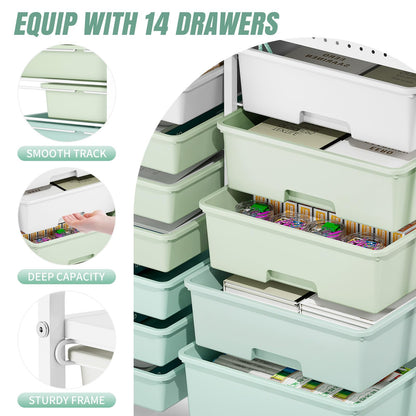 Rolling Storage Cart with 14 Drawers, Storage Organizer Cart with Tabletop and Pegboard,Utility Cart for Living Room, Classroom, Bedroom,Bathroom,Dorm,Office (Green)