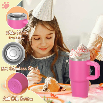 Cosictic 14 Oz Tumbler with Handle and Straw for Kids, Stainless Steel Double Wall Vacuum Insulated Cup for Children, 14 Oz Cups for Kids (Hot Pink)