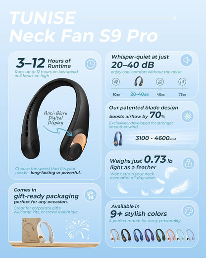 TUNISE Neck Fan - USB-C Rechargeable Personal Fan with LED Display, 3-Speed & 4000mAh Battery