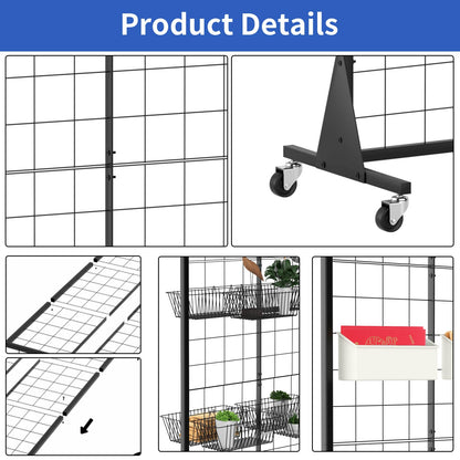 QKOSMTL Gridwall Panel Display Stand, 2'x5.5' Heavy Duty Floor Standing Rack with Detachable Girdwall, Movable Silent Wheel, Easy to Transport, Ideal for Retail & Craft Fairs