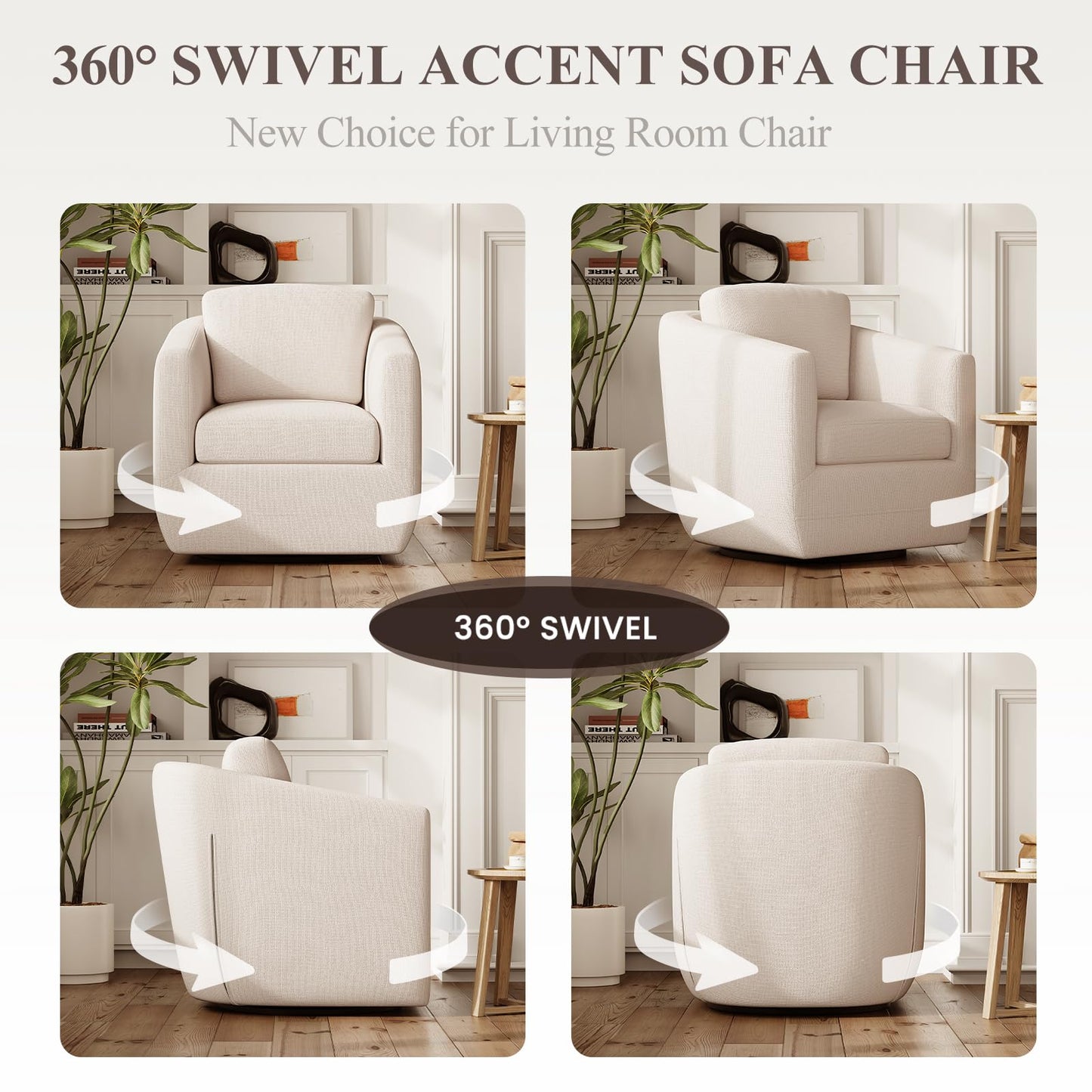 COLAMY 360° Swivel Accent Chair, Fully Assembled Living Room Armchair with Pillow, No-Sag Foam, Sturdy Metal Base, Swivel Accent Single Sofa for Bedroom Living Room, Reading Room, Beige