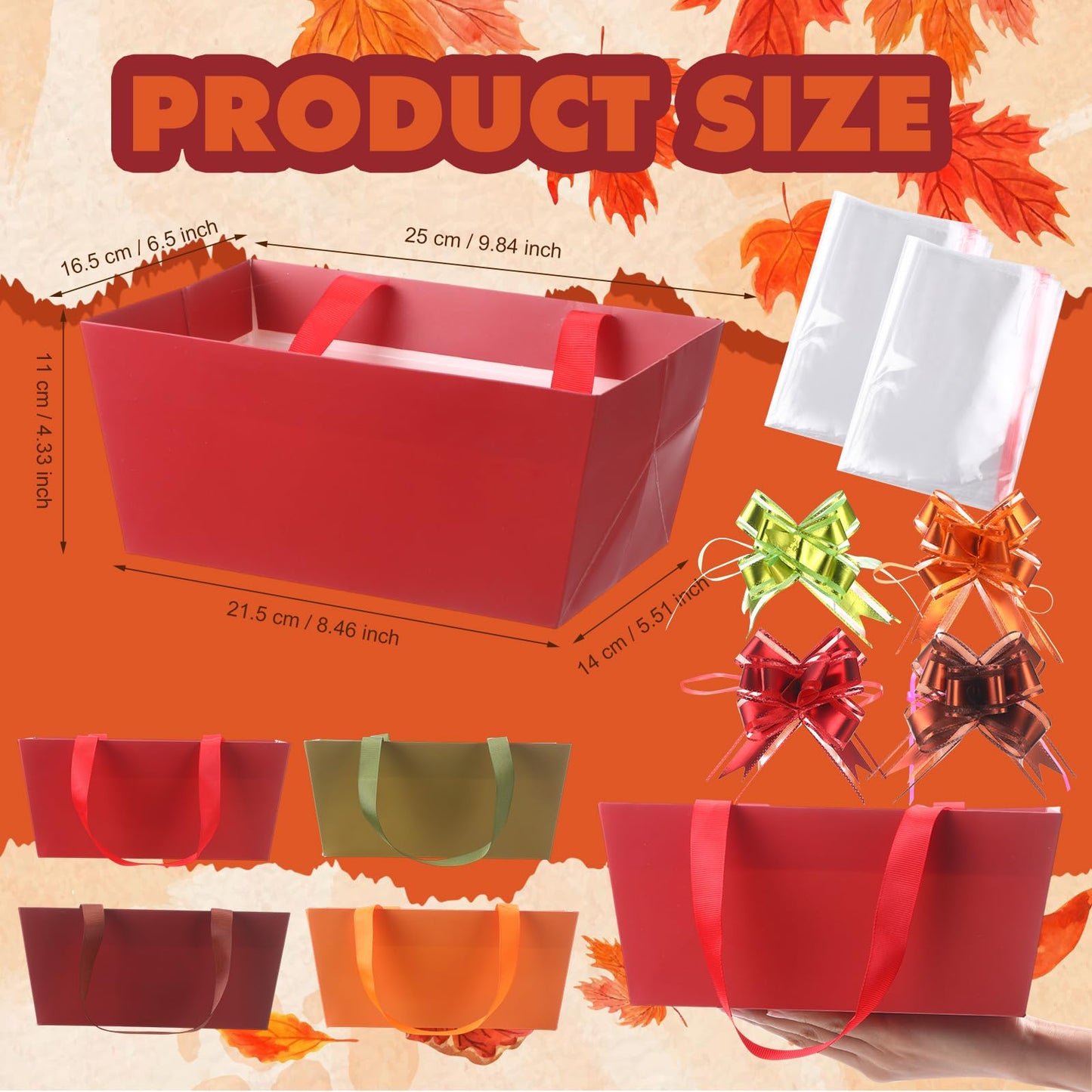 Funnymoom 24 Pcs Fall Basket for Gifts Empty Orange Brown Green Gift Basket Empty to Fill with Handle, Clear Bag and Bow for Autumn Thanksgiving Party Favor Supplies, 9.8 x 6.5 x 4.3''