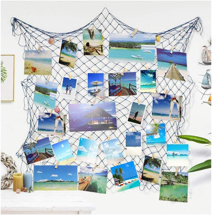 Nautical Fish Net Photo Hanging Display Frames with Sea Shells and Clips for Ocean Theme Party Decorations
