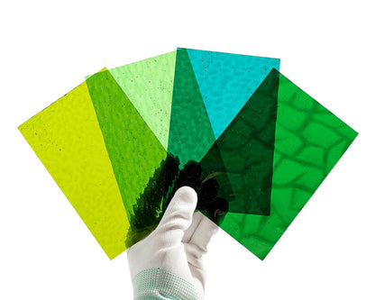 Lanyani Green Transparent Stained Glass Sheets for Craft, 6x4 inch Colored Textured Cathedral Glass Pack, 10 Sheets
