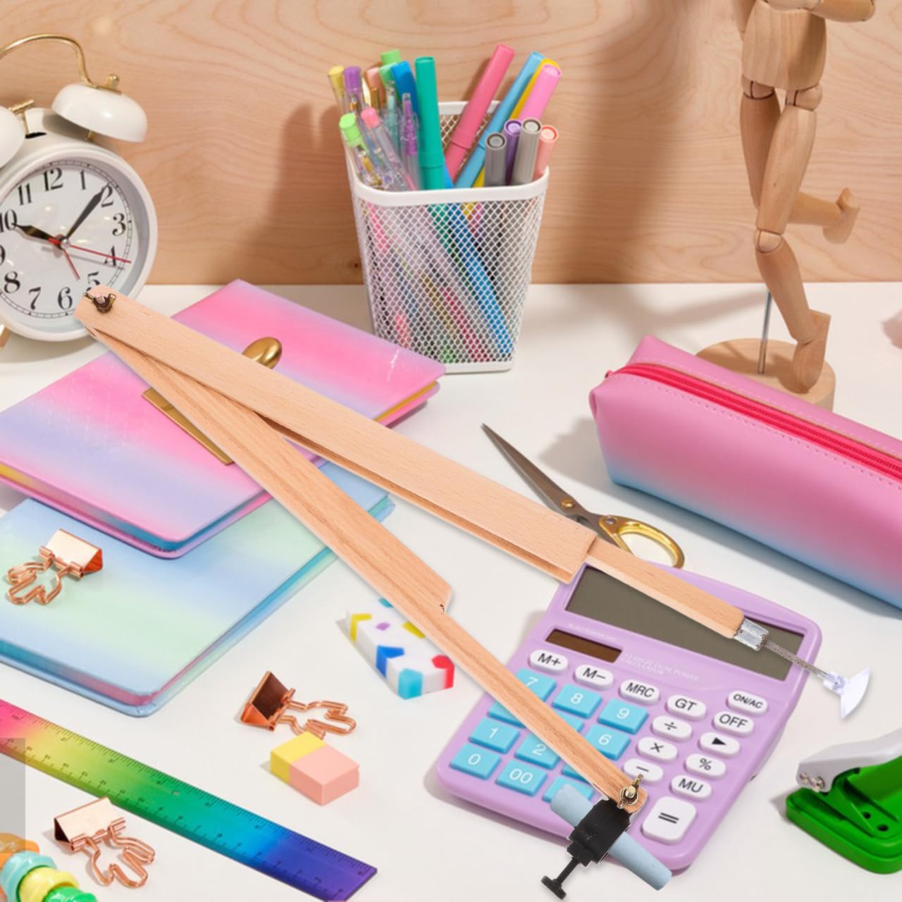 NUOBESTY Wooden Teaching Compass Adjustable Large Radius Drawing Tool for Classroom Demonstrations and Drafting with Secure Pen Holder for Chalk and Whiteboard Markers