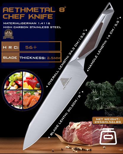 AETHMETAL 8 Inch Chef Knife, Full-Metal Kitchen Knife with Ergonomic Handle, High-Carbon Stainless Steel Chef’s Knife for Home & Pro Cooking, Precision Cutting, Gift-Ready Packaging