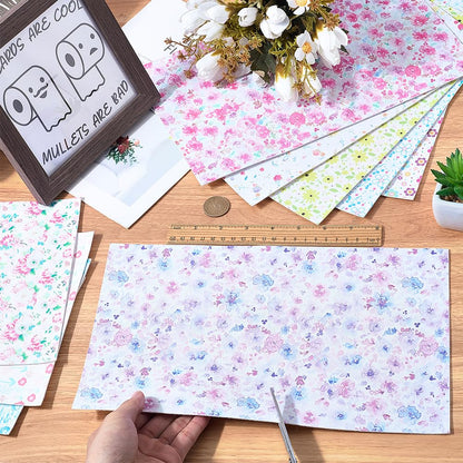 CALFOVERA 5PCS 12.8 x 7.8 Inch Floral PU Leather Sheets Blossom Synthetic Vinyl Leather Roll Waterproof Flower Pattern Leatherette Fabric for DIY Crafts Bow Earring Making Sewing Decorations