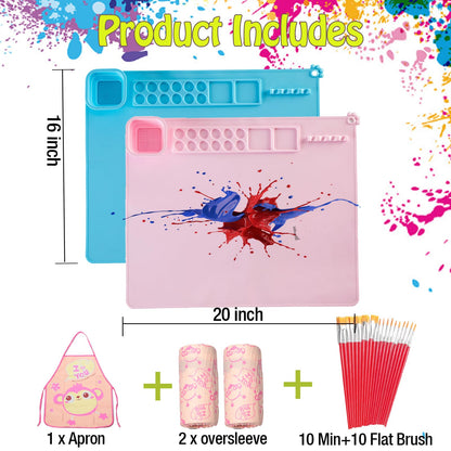 Lymoc Silicone Painting Mat,Painting Stations Kit [1x Apron,1 Pair Oversleeve,20 Pieces Brushes] Craft Silicone Mats 21"X17" with Detachable Cup for Kids Gift,Paint, Clay, DIY Projects