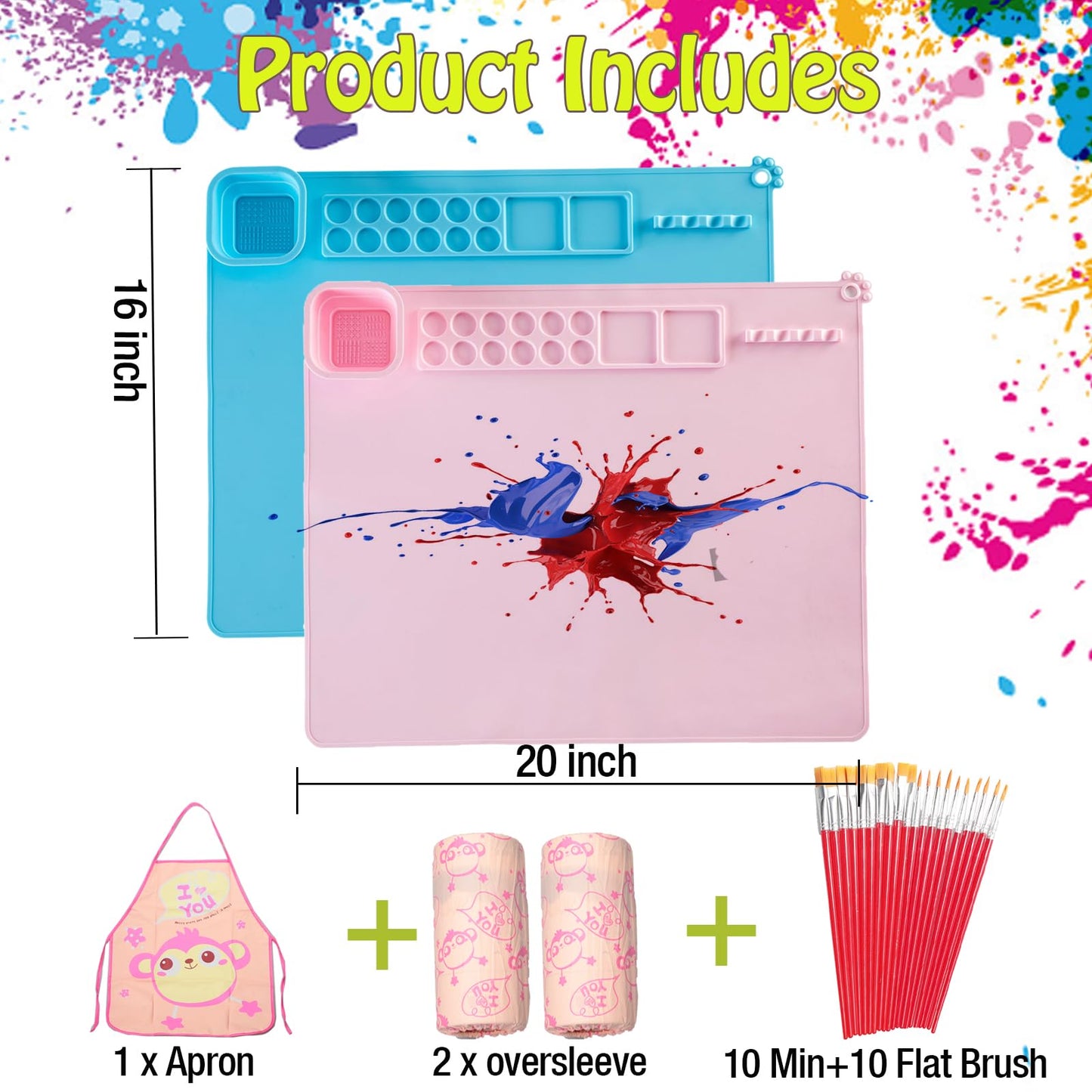 Lymoc Silicone Painting Mat,Painting Stations Kit [1x Apron,1 Pair Oversleeve,20 Pieces Brushes] Craft Silicone Mats 21"X17" with Detachable Cup for Kids Gift,Paint, Clay, DIY Projects