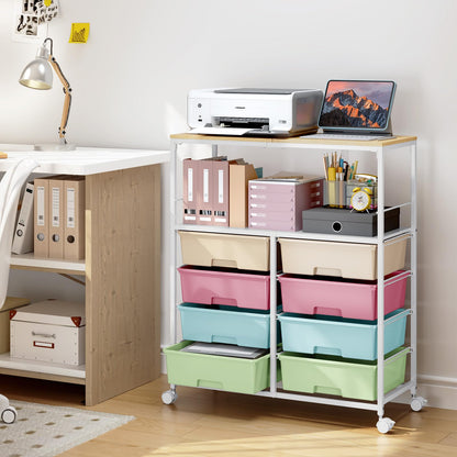 Rolling cart with 8 drawers,Storage drawer cart with wooden tabletop,Lockable wheels organizer for homeschool, arts & crafts, classroom, office & creative spaces (Colorful)