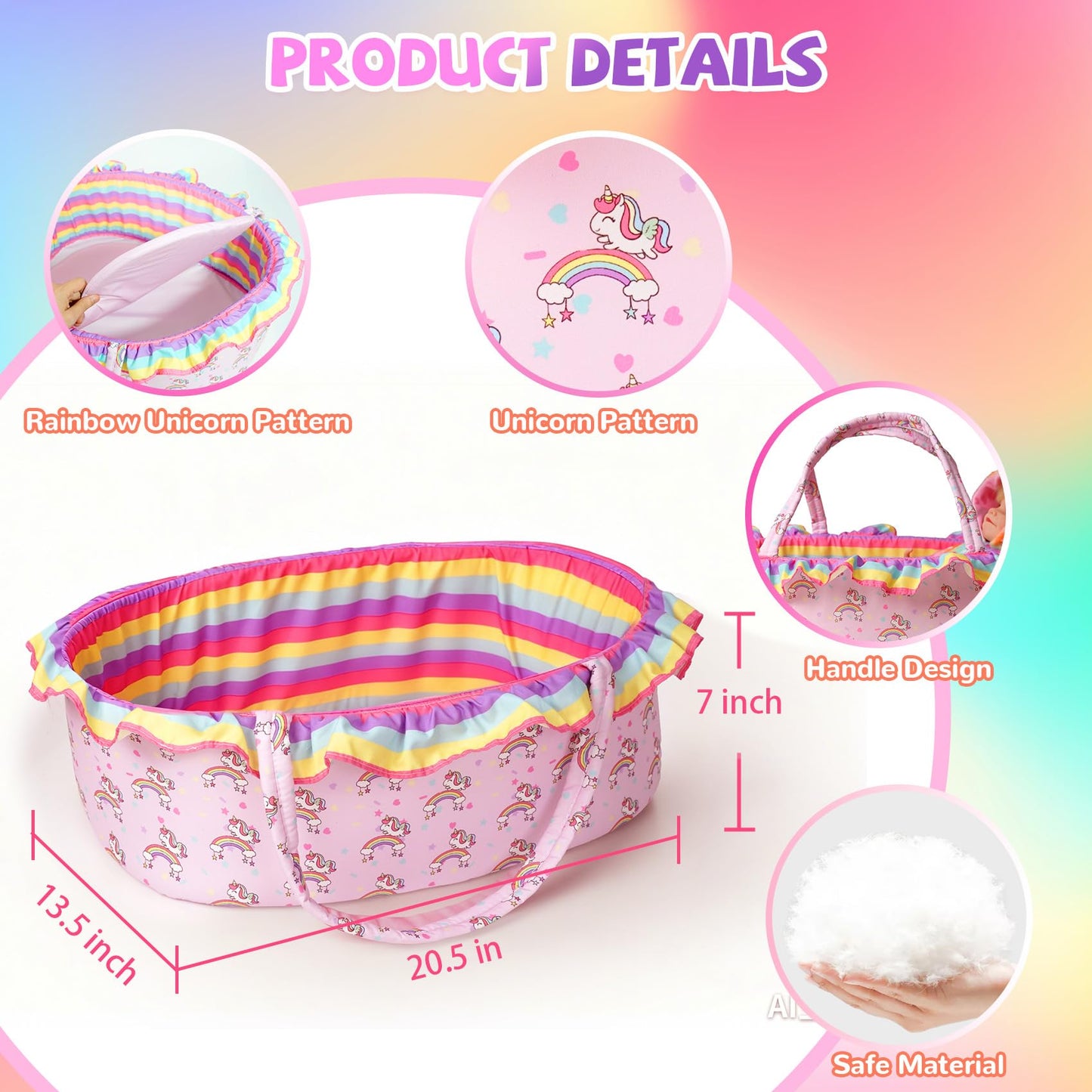 ARTST Reborn Baby Doll Accessories with Bassinet, Rainbow Unicorn Doll Clothes Outfit Set for 17-22 inch Newborn Babies,Birthday Gift for 3-12 Girls Boys(NO Doll)