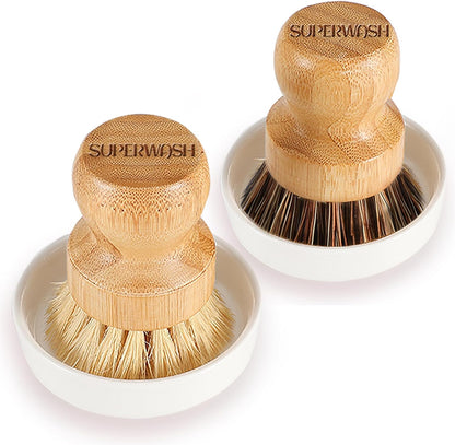 Bamboo Brush Dish Scrubber - Natural Bristles Palm Pot Brush, 2 Pack Round Mini Dish Brush for Kitchen Cleaning