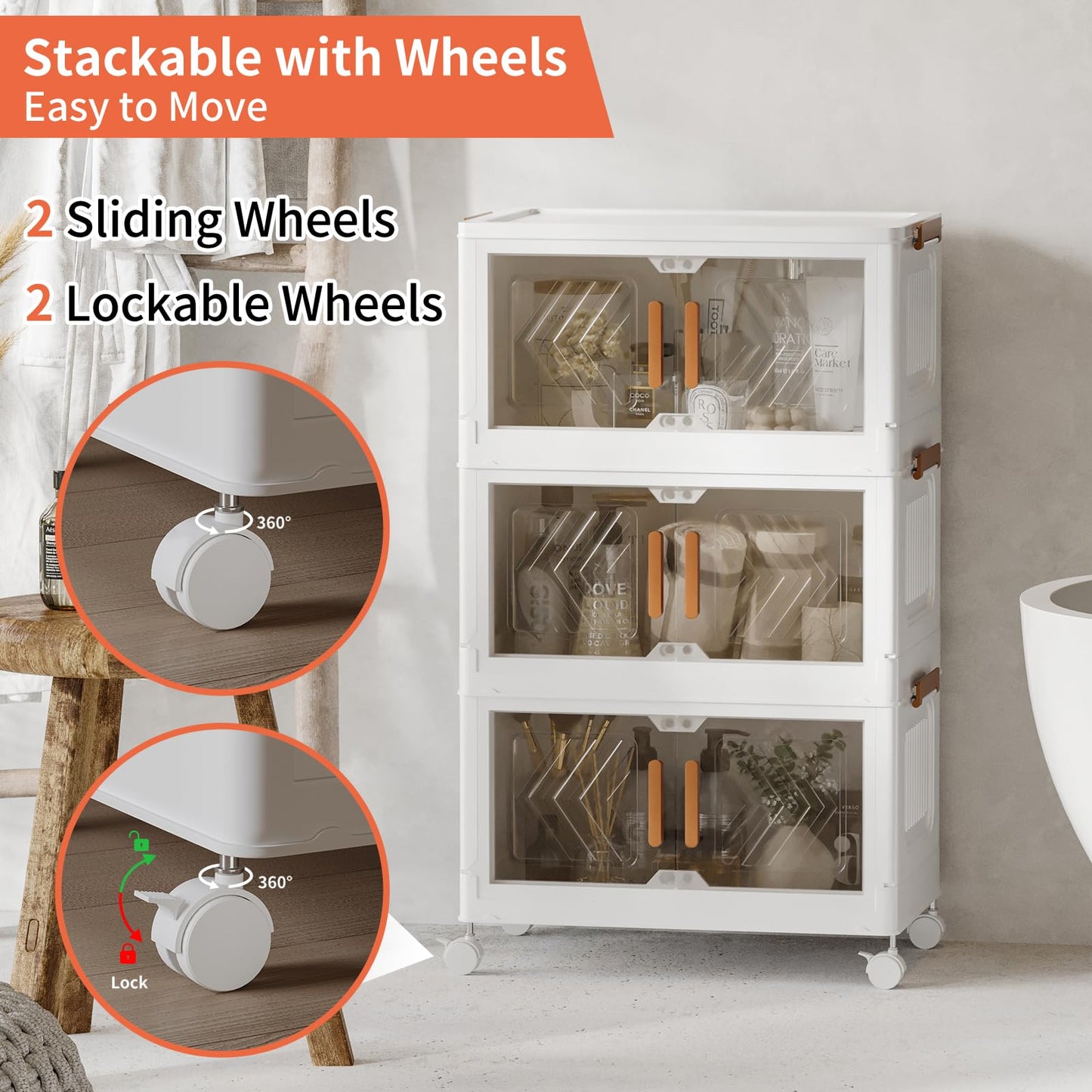 Fixwal 44QT Stackable Storage Bins with Lid, Closet Organizers and Storage with Lockable Wheels, Plastic Foldable Box Containers for Cabinet, Office, Bedroom Organization, 3 Pack Cubes
