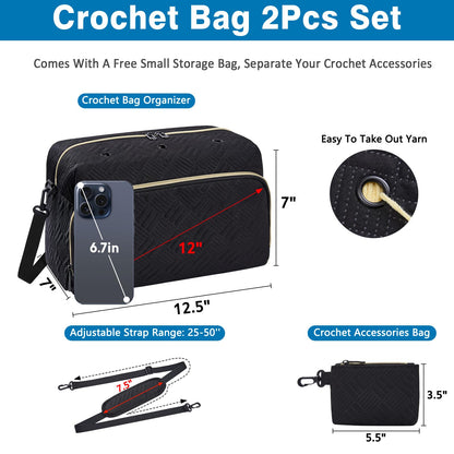 IBFUN Crochet Yarn Knitting Bag 2 Pcs Yarn Storage Organizer Crocheting Bags for Beginners with Shoulder Strap for Knit Accessories Needles Hooks