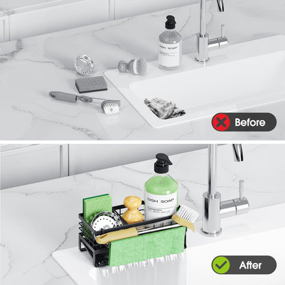 DYFVREN Self-Draining Kitchen Sink Caddy, Rustproof Non-Slip Metal Sponge Holder with Detachable Dish Cloth Holder (Black)