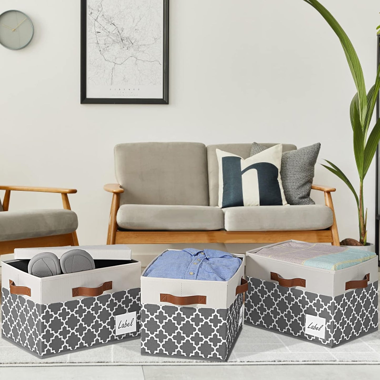 GhvyenntteS Large Storage Bins with Lids, 3-Pack Foldable Fabric Boxes, Sturdy Baskets with Label Window