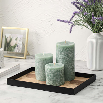 3x4 Inch Sage Green Pillar Candles - Set of 3, Unscented, Long Burning, Smokeless Dripless Candles for Spring Home Decor, Dinner Table, Bathroom, Rustic Decor