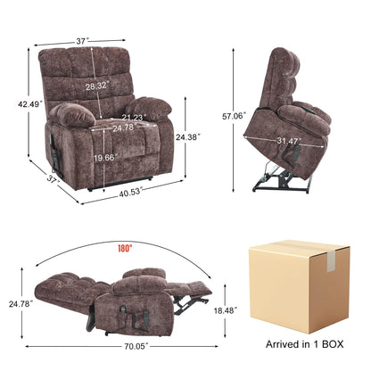 RHHVVR Oversized Power Lift Recliner Chair for Elderly, Dual Motor Lay Flat Recliner Big Chair with Massage and Heating, Chenille Electric Recliner Chairs for Living Room, Medium-Firm, Brown