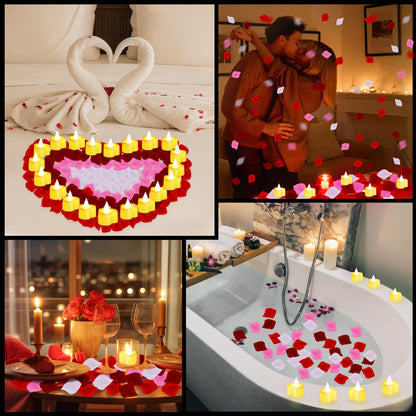 VIHOSE 4000 Pcs Artificial Rose Petals with 24 Pcs LED Tea Lights Candles Flameless LED Candles Fake Rose Petals for Wedding Birthday Party(Yellow Light, Bright Color Petal)