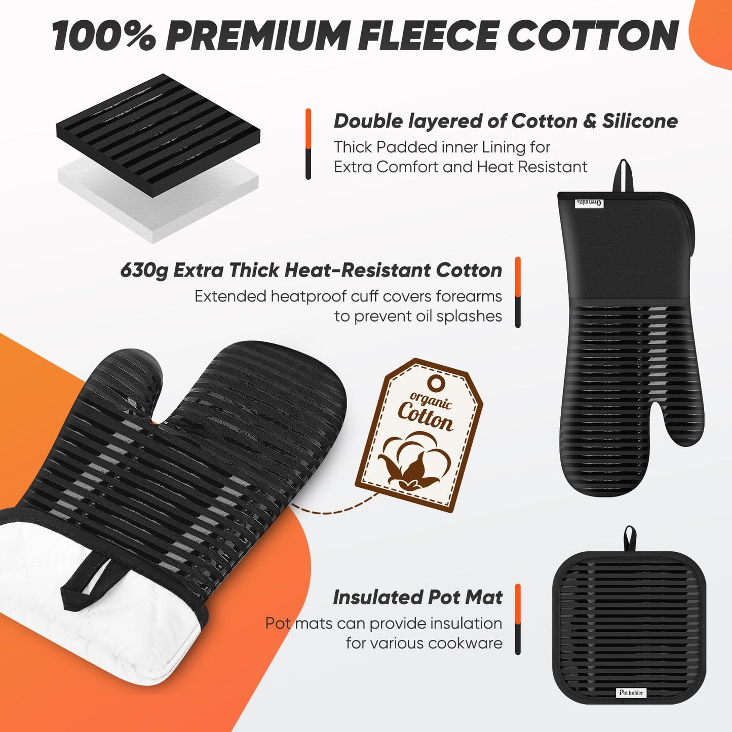 Oven Mitts Kitchen Towels and Dishcloths with Pot Holders Sets, Oven Gloves Hot Pads 500°F Heat Resistant with Silicone Grip, Include 2 Cooking Gloves/2 Potholders/4 Kitchen Towels/4 Dish Towels