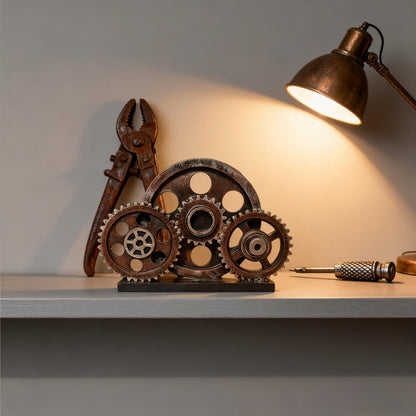 FMTITF Antique Copper Steampunk Gear Train Sculpture, Industrial Decor Statue for Bookshelf, Heavy Duty Resin Figurine with Mechanical Gears, Home Office Decor Gift for Men, Man Cave Collectible Art