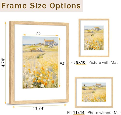 JCJMY 11x14 Picture Frame Set of 4 - Solid Wood with Shatter-Resistant Plexiglass | Natural Finish