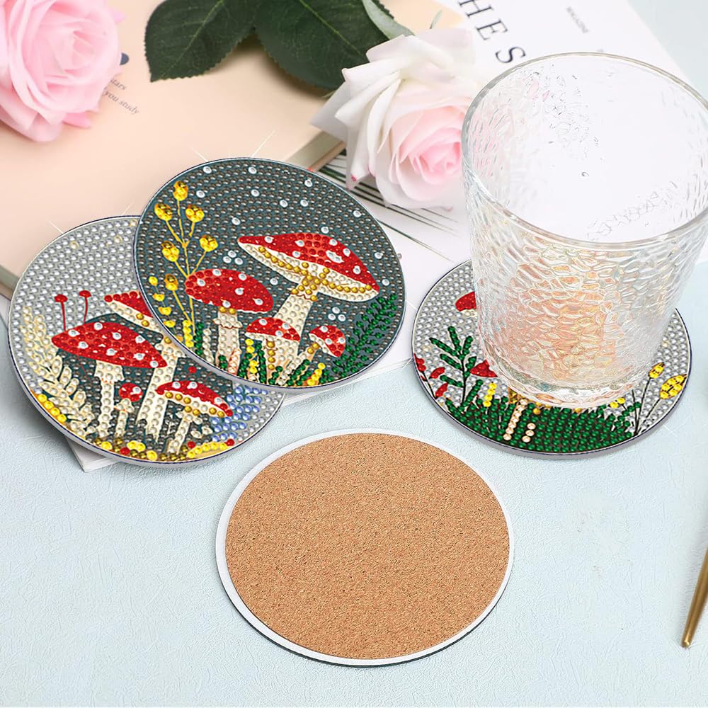 PERFECTSIGHT 8 Pcs DIY Diamond Art Painting Coasters with Holder, Cute Diamond Paint Coaster Kits for Adults, Kawaii Full Drill Diamond Art Craft Paint by Number Non Slip Coaster - Beige Mushroom