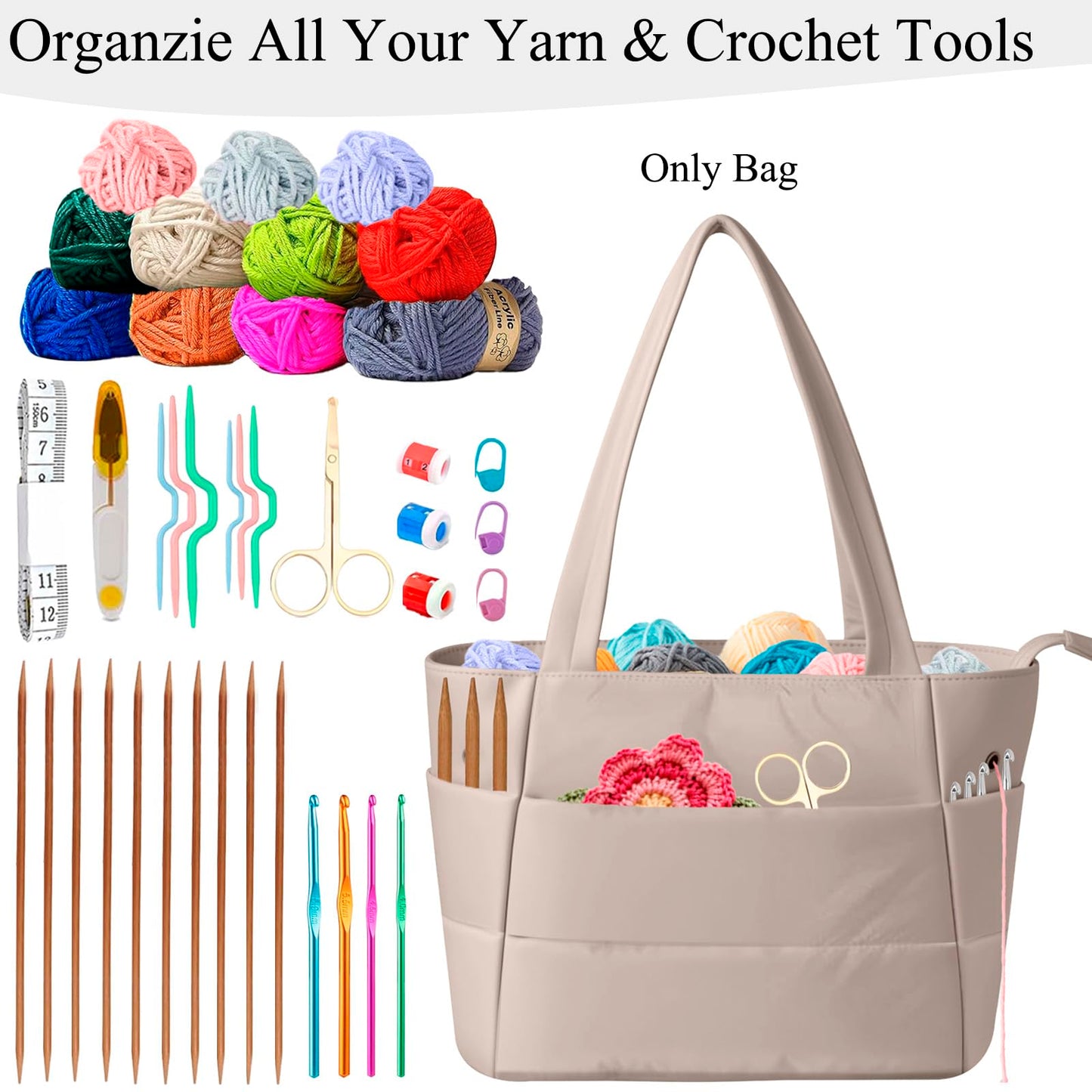Crochet Bag for Yarn Storage, Puffer Knitting Bag with Soft Handles, Lightweight Yarn Storage Organizer with Zipper for Crochet Accessories, Gifts for Crocheters (Brown)