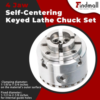 Findmall 2-3/4 Inch 4 Jaw Self-Centering Keyed Lathe Chuck Set Wood Lathe Chuck with 1-Inch x 8TPI Thread