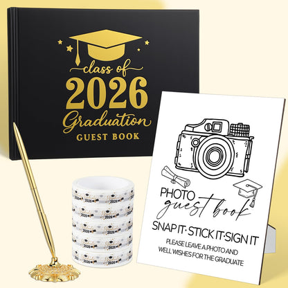 Gersoniel 8 Pcs 2026 Graduation Guest Book Set Photo Sign in Book 100 Pages Class of 2026 Scrapbook Photo Album with Pen Wooden Display Stand Washi Tape DIY for Grad High School College Party Supplies