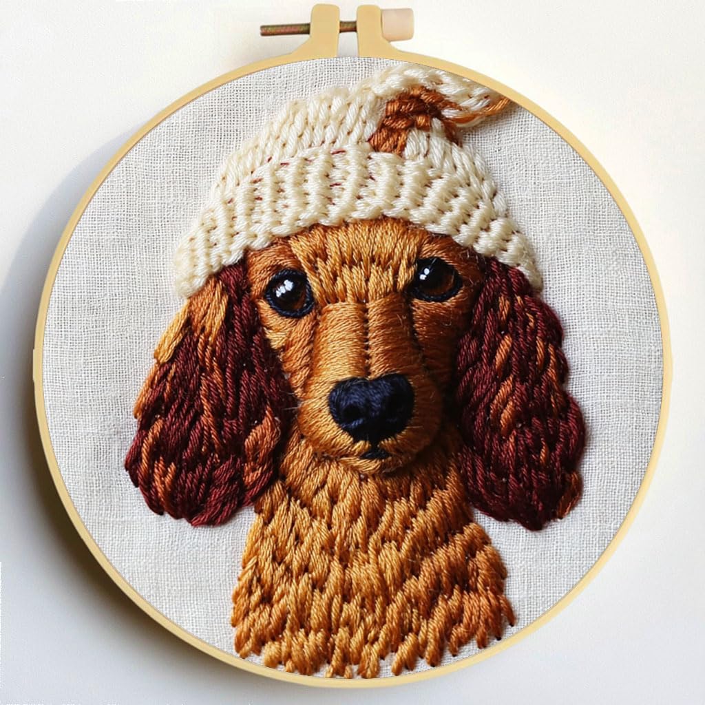 Punch Needle Kits Dachshund Dog Wear Hat Embroidery Starter Set with Hoop Easy for Beginners DIY Stress Relief Handmade Craft Hobby and Home Decor 20x20cm-1