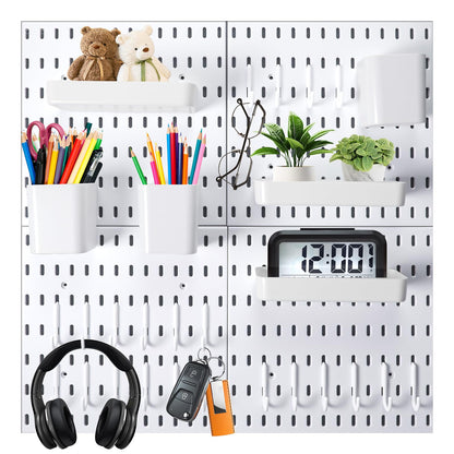 Wall Mount Peg Board Organizer 45pcs Kit, 4 Panels and 41 Accessories Pegboard Wall Organizer with Hooks, Bins, Shelves, DIY Tool Storage Pegboards Kits for Home Office Space Saving (White, 22"×22")