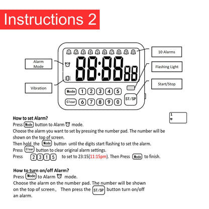 Digital Multifunction Timer with Clock, 10 Preset Alarms, Countup & Countdown, Memory Settings, White