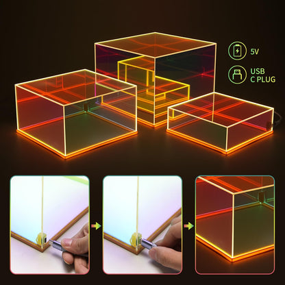 Prismatic Iridescent Display Risers with Plug and Play LED Lights, 3pc-6" 7" 8" Stackable Lighted Cube Box for Figures Jewelry Perfume Purse, Neon Acrylic Display Stands, Rainbow Food Buffet Riser