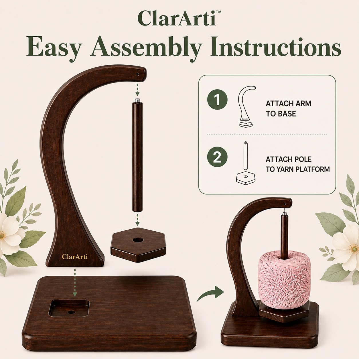 ClarArti - Magnetic Yarn Holder for Crocheting & Knitting – Wooden Yarn Spinner, Yarn Ball Holder, Yarn Holder for Crocheting, 360° Smooth Rotation, Holds 2 Skeins up to 500g