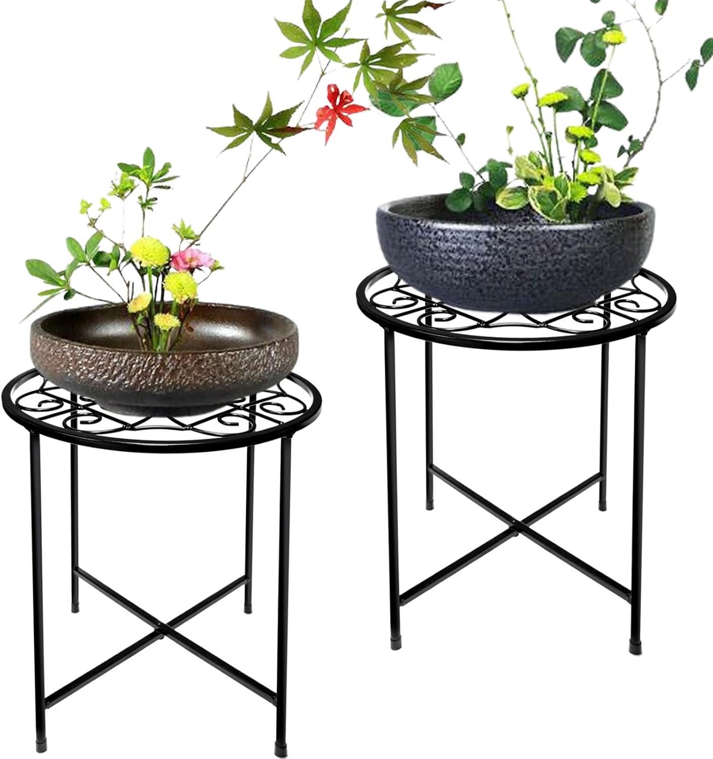 Aonagi 15" 2 Pack 11" 100lbs, Tall Metal Plant Stand, Wide Round Plant Stand for Flower Pots Up to Rustproof Iron Plant