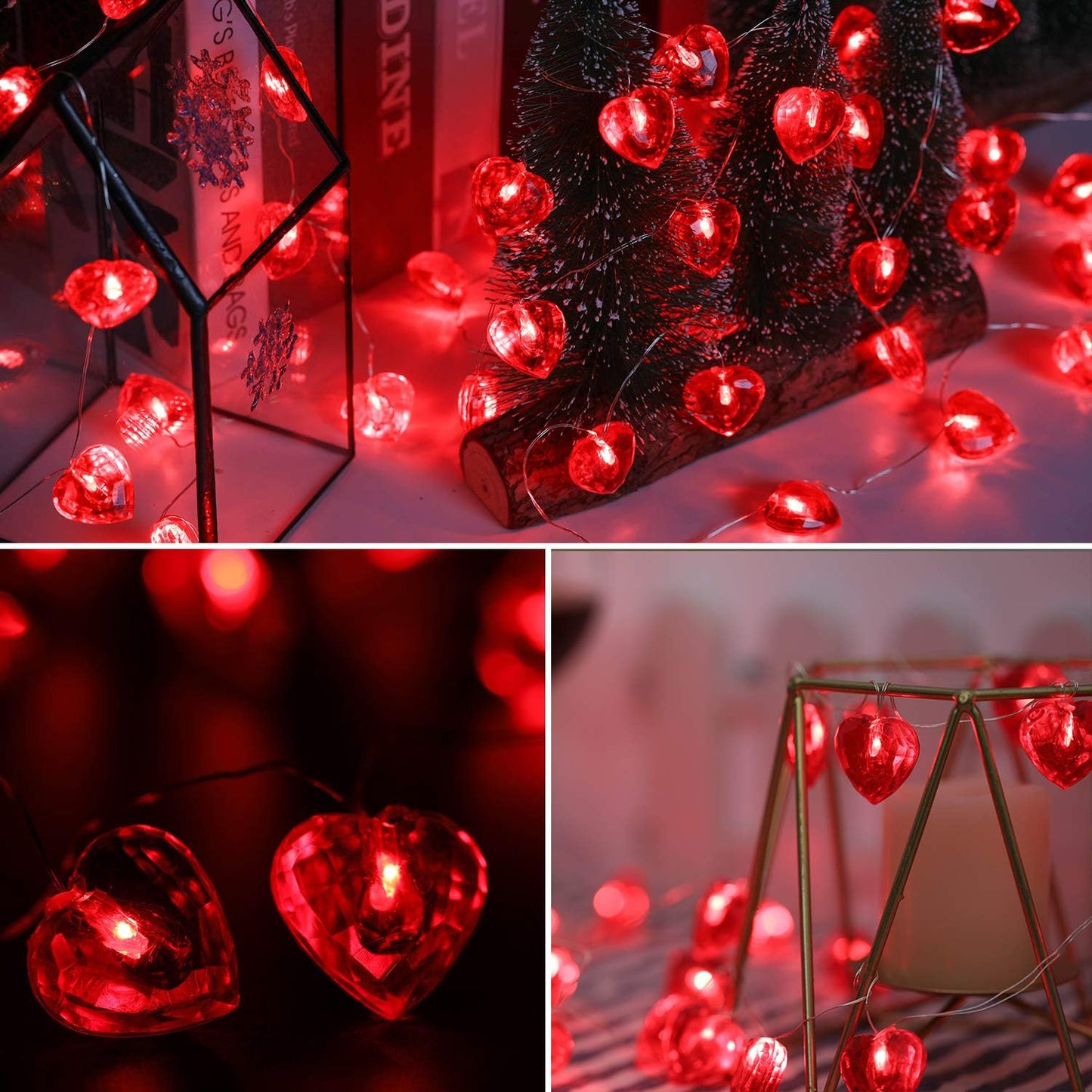 Luditek 50 LED Diamond Cut Red Heart Twinkle Fairy String Lights, 8 Lighting Modes with Timer for Valentines Weddings