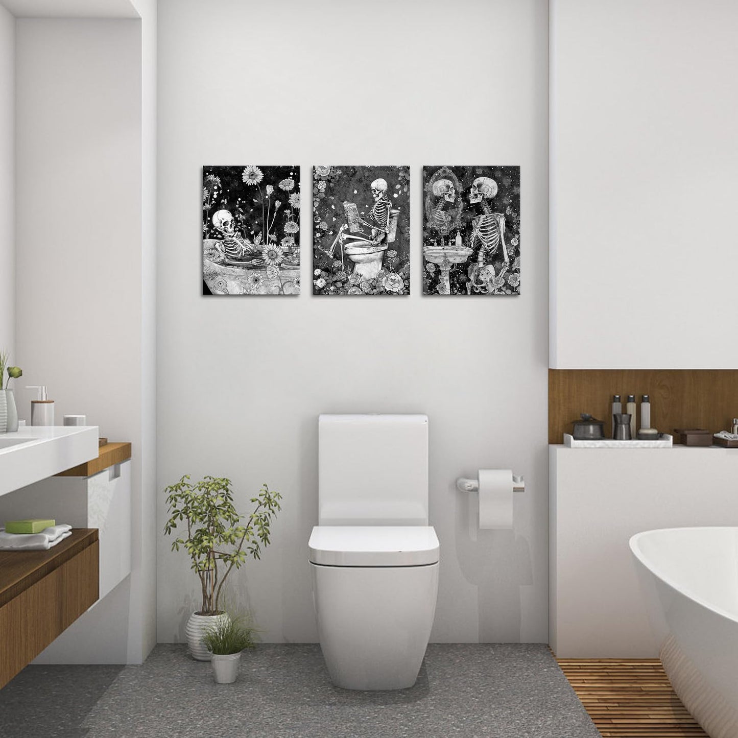 FuShvre Skeleton Bathroom Decor Moody Skeleton Wall Art Pictures for Bathroom Gothic Painting for Home Decoration Framed 12x16 inch each piece (Black)