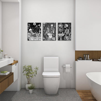 FuShvre Skeleton Bathroom Decor Moody Skeleton Wall Art Pictures for Bathroom Gothic Painting for Home Decoration Framed 12x16 inch each piece (Black)
