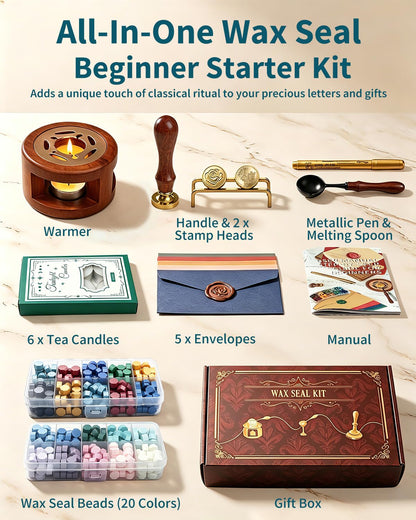 SHOWPIN Wax Seal Kit for Beginners: 400 Wax Beads in 20 Colors, 2 Stamp Heads & Premium Envelopes in Gift Box for Holiday Gifting & DIY Letter Sealing