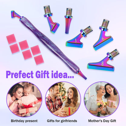 DoreenBow 21Pcs Diamond Art Painting Pen Kit Angled Screw Thread Tips Metal Stainless Steel Rainbow Diamond Art Tips Ergonomic Diamond Art Tools with 6 Clay, Shiny Pen