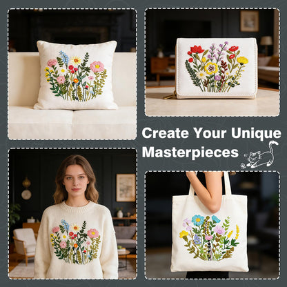 RIHYTFU 3 Pack Flower Embroidery Kits for Beginners, Adults Starter Cross Stitch Kit, DIY Sewing Needlepoint, Floral Plants Patterns Hand Stamped Embroidery Kits