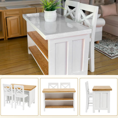 1/12 Dollhouse Kitchen Islands Dining Table Chairs Set – Miniature Kitchen with Stools, Modern Wood Furniture for Dollhouse Room Decor – Realistic Miniatures for Restaurant Bar Pub Barbie Crafts