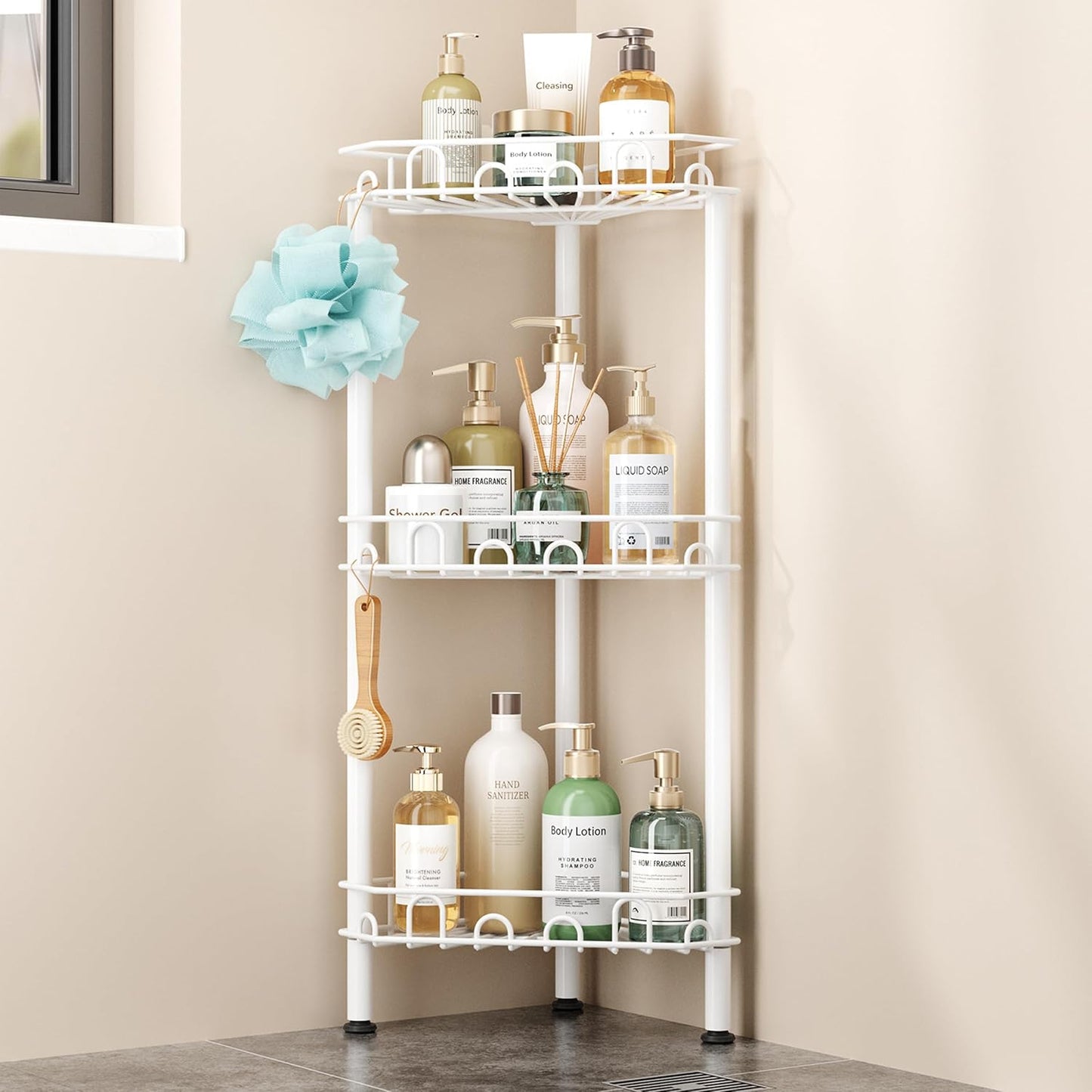 3Tier 12 SWTYMIKI Standing Shower Caddy Corner - Stainless Steel ShowerOrganizer Shelf with Hooks and Adhesive Pads